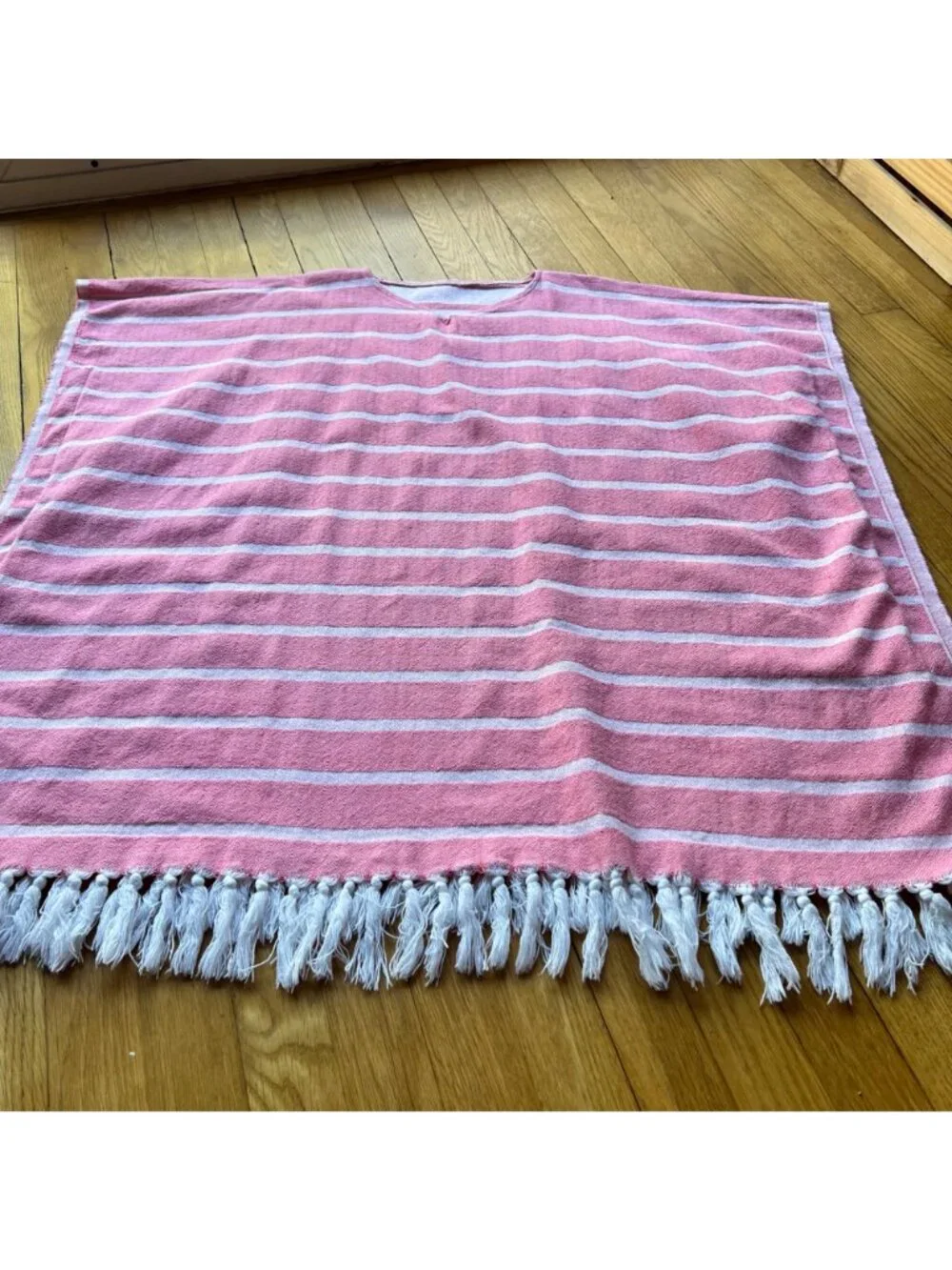 Jennifer Shamam OS Pink & White Striped Hand Woven Tassel Kaftan Beach Cover Up